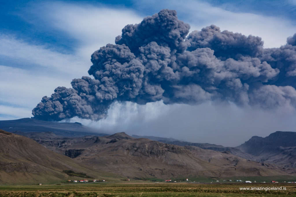 Black cloud of ash from 2010 eruption in Eyjafjallajokull volcano on south coast of Iceland