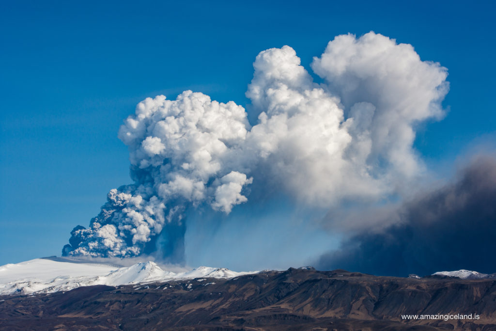 Thick cloud of ash coming from the 2010 eruption in Eyjafjallajokull volcano on the south coast of Iceland