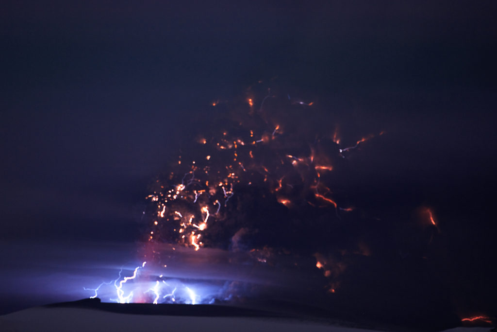 Lightning in Eyjafjallajokull in the 2010 eruption of Eyjafjallajokull volcano on the south coast of Iceland