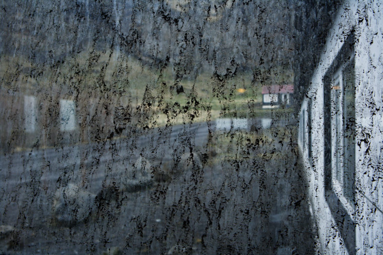 Ash on window in Drangshlid in the 2010 eruption of Eyjafjallajokull volcano on the south coast of Iceland