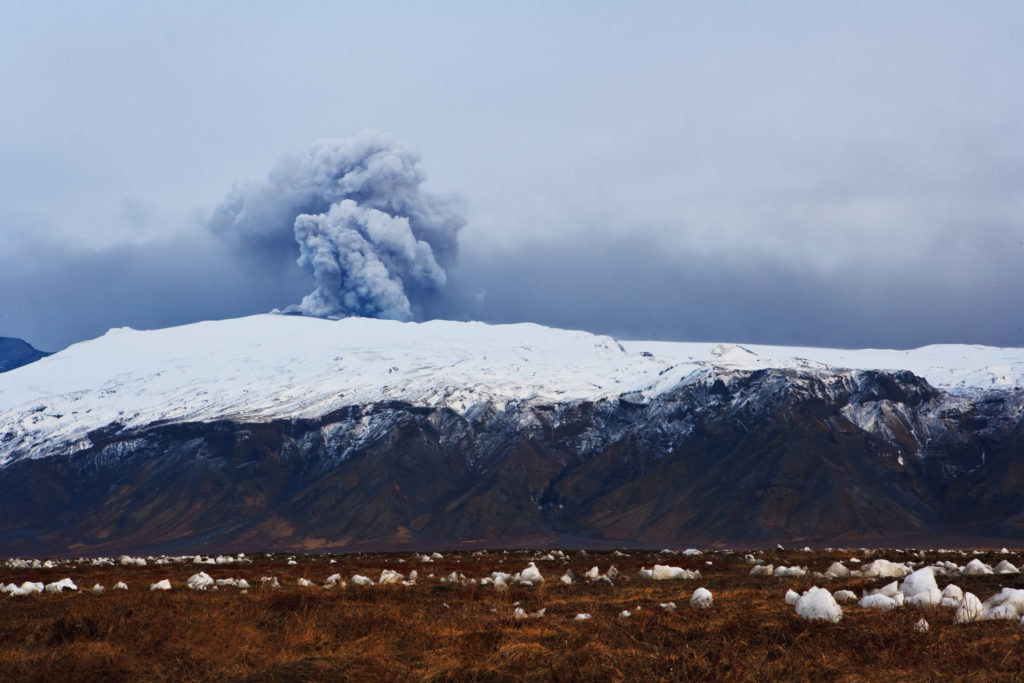 Eyjafjallajökull eruption seen from fljótshlíð in the 2010 eruption of Eyjafjallajokull volcano on the south coast of Iceland