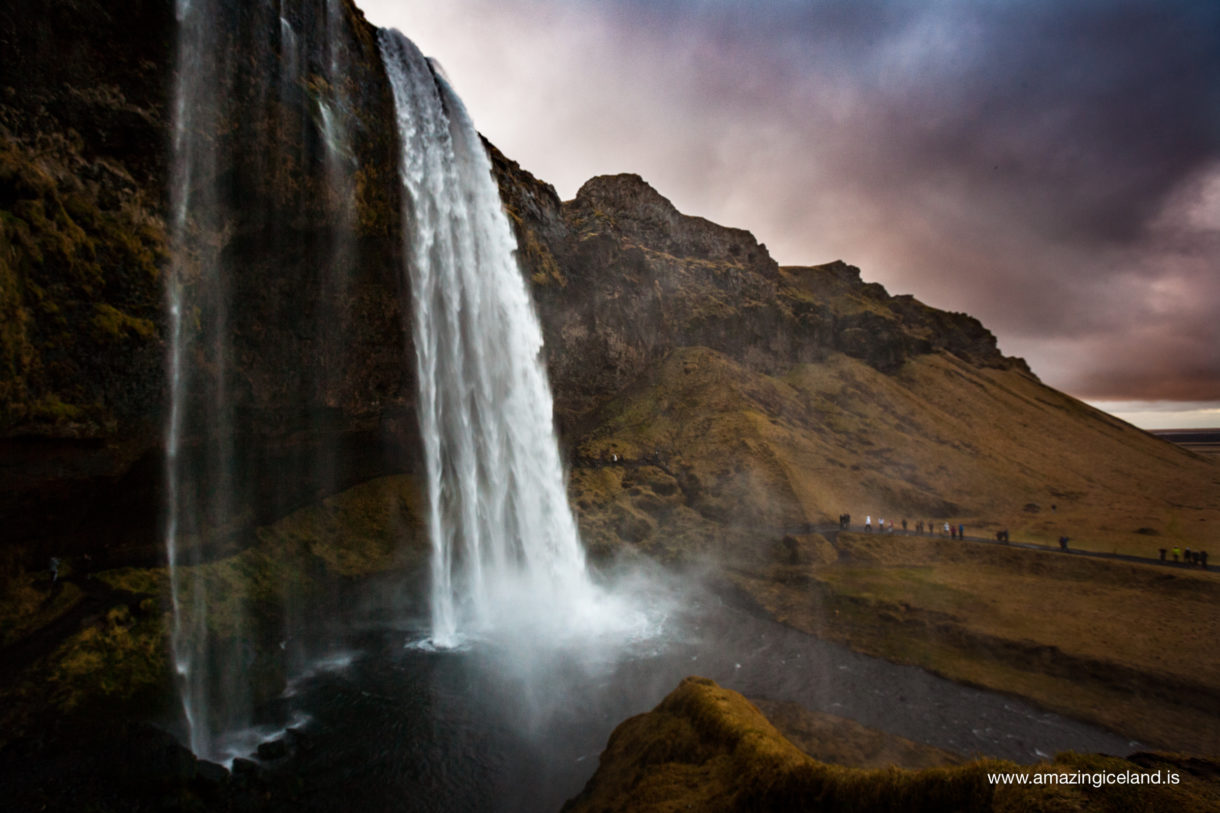 Side view of Seljalandsfoss waterfall on the south coast of Iceland