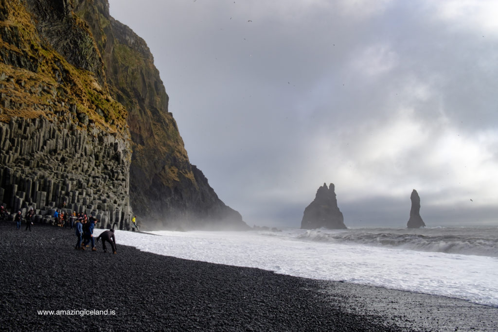 Reynisdrangar rock formation at black sand beach in Iceland