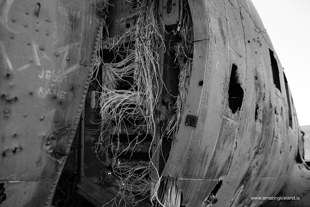 Wires hanging from Douglas C-117 Plane wreck on Sólheimasandur on south coast of Iceland