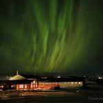 Northern lights over hotel Eyjafjallajökull on south coast of Iceland
