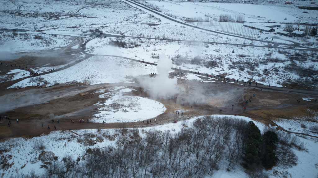 Arial og Geysir geothermal are on golden circle in Iceland