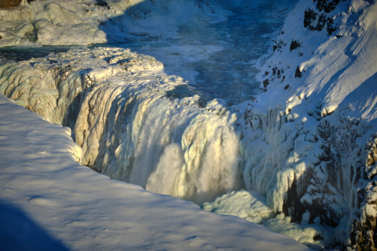 Closeup of frozen Gullfoss waterfall on the golden circle in Iceland