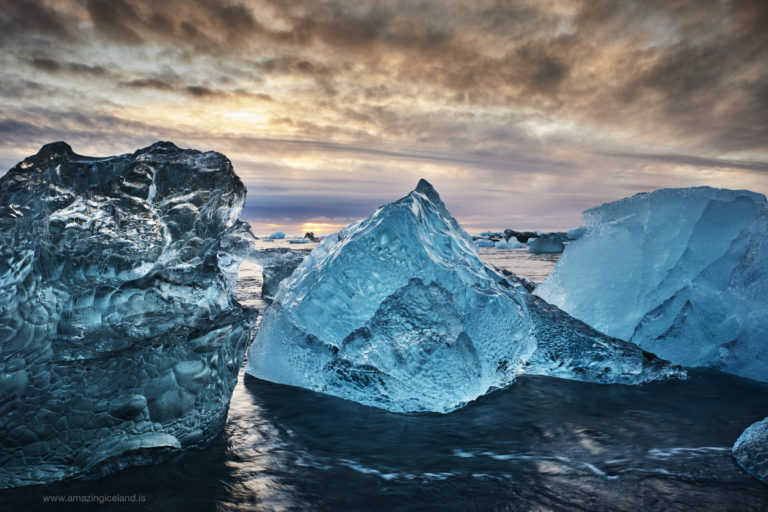 Blue blocks of Ice on Diamond beach in Iceland