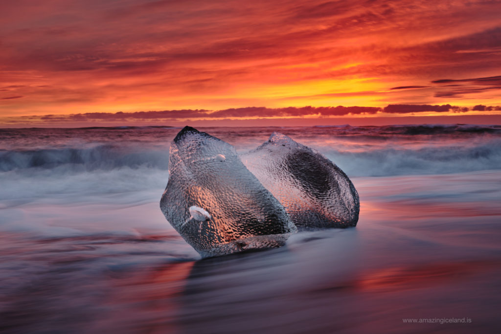Ice diamond by sunrise at Diamond Beach in Iceland