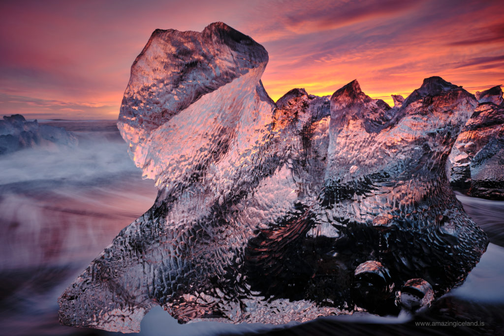 Ice sculptural sphinx diamond at diamond beach in Iceland