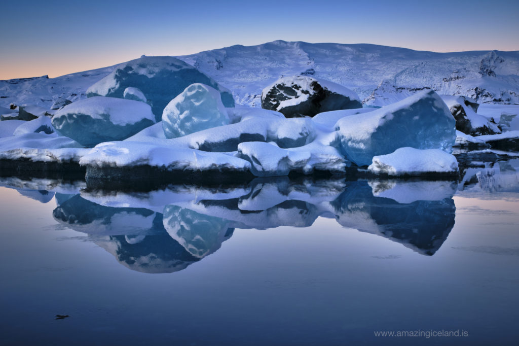 Blue winter daylight at Glacier lagoon in Iceland