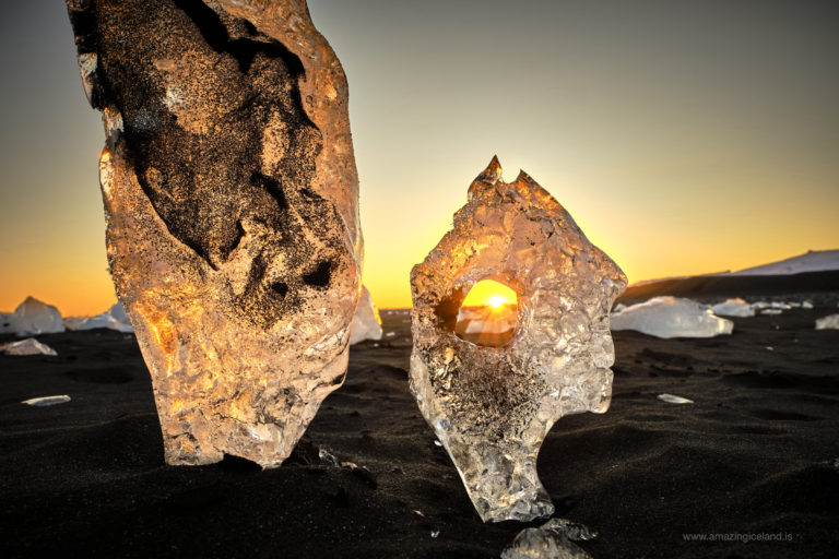 Ice diamond sculptures at diamond beach in Iceland