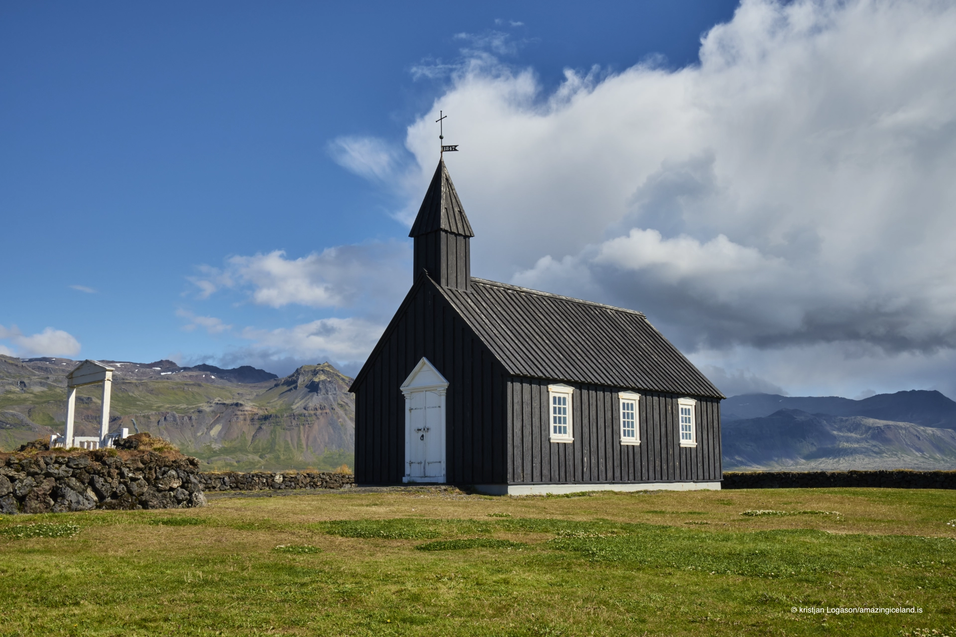 Black church at Budir in Snæfellsnes on a summer day