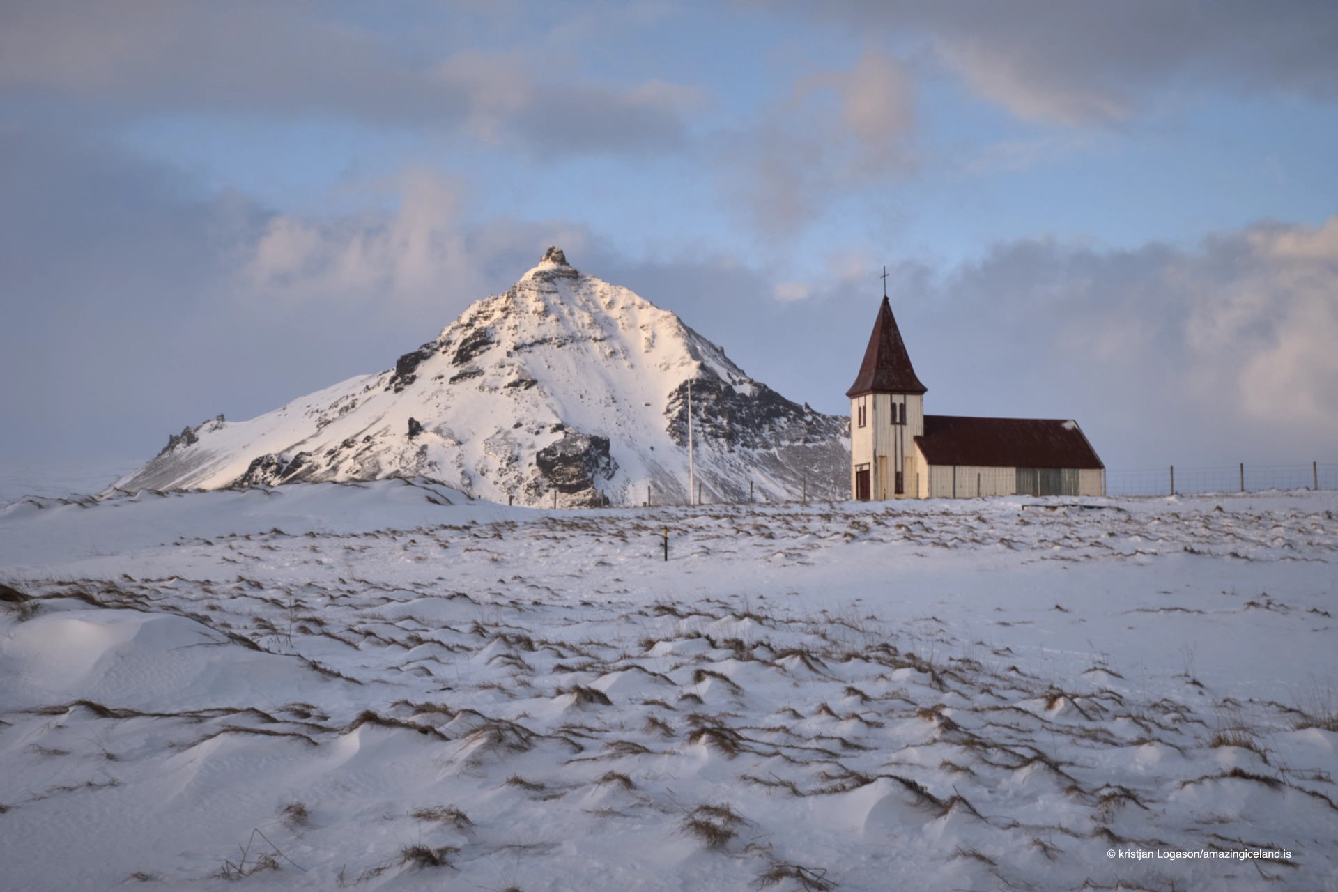 The old church at Hellnar in winter snow