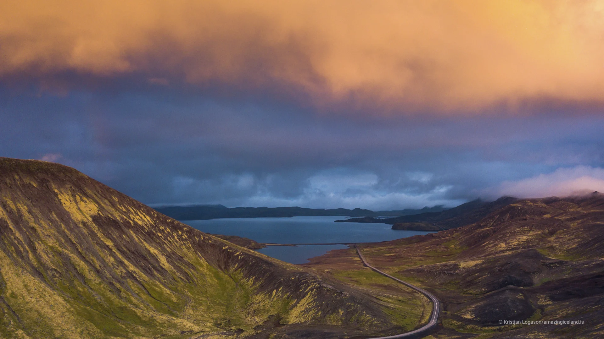 Birds eye view of the road to Kleifarvatn, the largest lake on the Reykjanes Peninsula