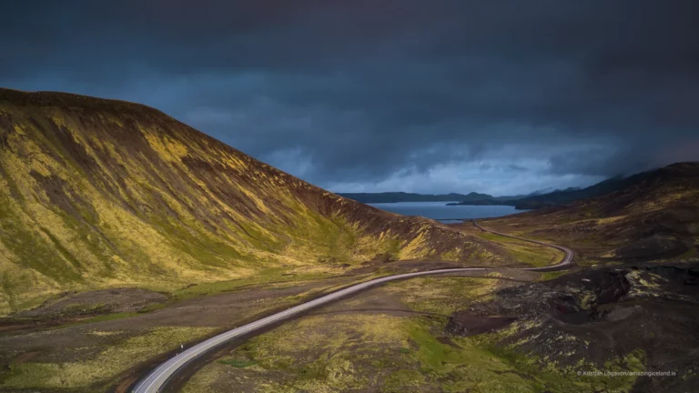 Birds eye view of the road to Kleifarvatn, the largest lake on the Reykjanes Peninsula