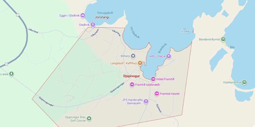Map of Djupivogur in East Iceland with a link to google maps