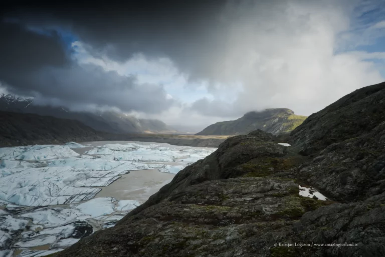 Hoffellsjökull Glacier lagoon with view to Hoffell farm